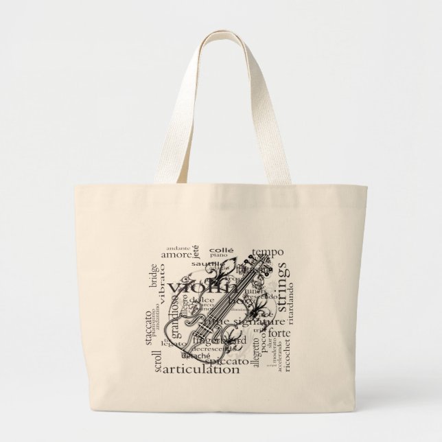Grand Tote Bag violon avec le nuage de mot (Devant)