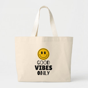 Grand Tote Bag Visage Sourire Rétro 'Bonnes Vibrations Seulement'