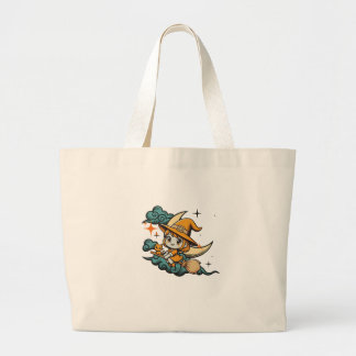 Grand Tote Bag Vol de clair de lune de sorcière et de chat