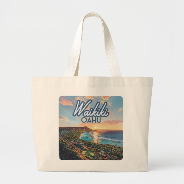 Grand Tote Bag Waikiki Beach Honolulu Oahu Hawaii Retro (Devant)