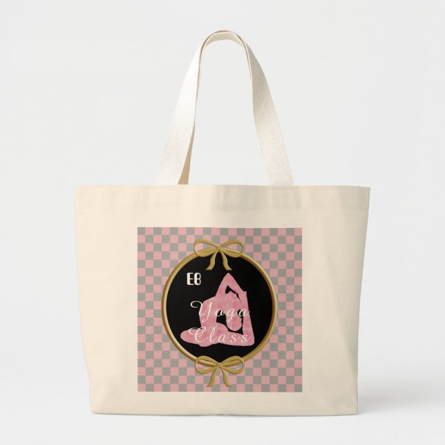 Grand Tote Bag Yoga Silhouette & Chèques Soft Rose & Grey (Devant)