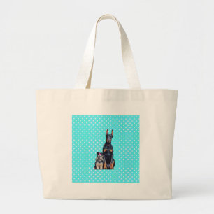 Grand Tote Bag Yorkshire Terrier Doberman Pois bleus