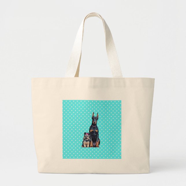 Grand Tote Bag Yorkshire Terrier Doberman Pois bleus (Devant)