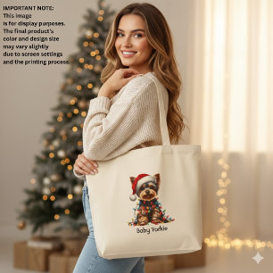 Grand Tote Bag Yorkshire Terrier sur un chapeau de Père Noël