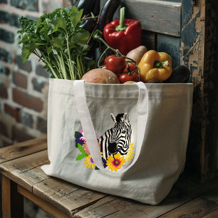 Grand Tote Bag Zèbre Bleu Coloré Daisy Floral Faune