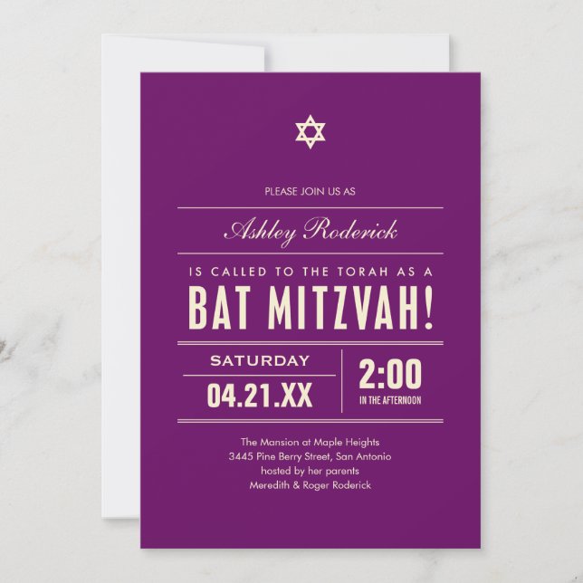 Grand type invitations de bat mitzvah (Devant)