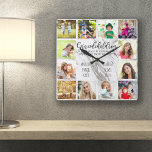 Grandchildren Quote 12 Photo Grey Marble Custom Quadratische Wanduhr<br><div class="desc">Photo clock for grandparents with 12 of your favorite pictures. Create your own grid style photo collage and add the grandchildren's names (2 to 8 names looks best). The wording reads "Grandchildren fill a place in your heart you did not know was empty" in hand lettered quirky uppercase and elegant...</div>
