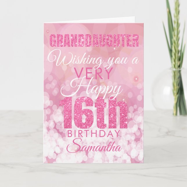 Granddaughter 16th Girly Pink Glitter Birthday Karte (Vorderseite)