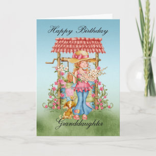Granddaughter Cute Girl And Wishing Well Birthday Karte
