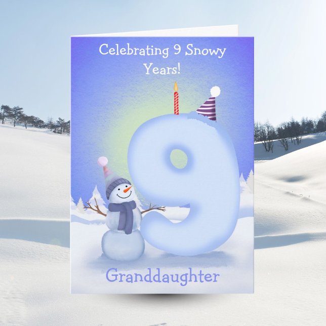 Granddaughter Happy 9th Birthday Snowman Building  Karte (Von Creator hochgeladen)