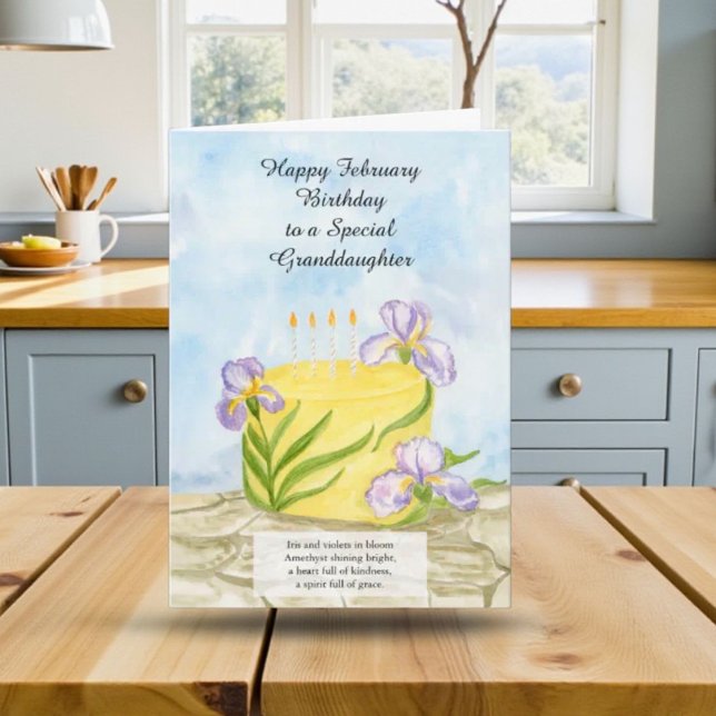 Granddaughter Happy February Irises Birthday Cake Karte (Von Creator hochgeladen)
