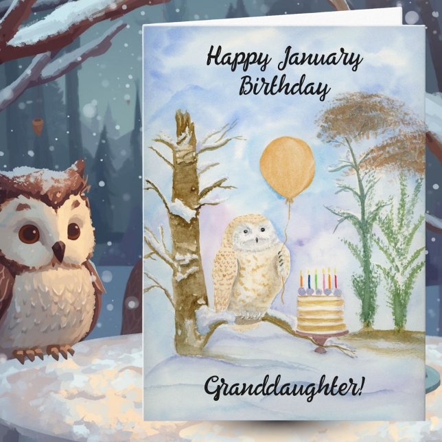 Granddaughter Happy January Birthday Owl Cake Karte (Von Creator hochgeladen)
