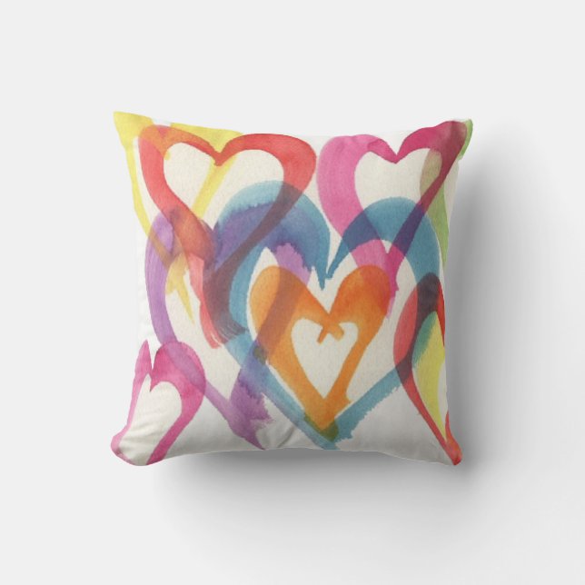 Grande aquarelle Coeurs multicolores Coussin (Recto)