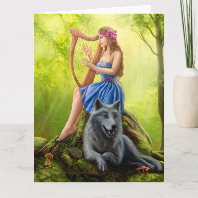 Grande carte de voeux Imaginaire fille fée et loup (Devant)
