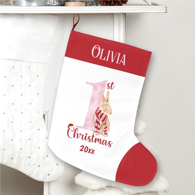 Grande Chaussette De Noël 1er Noël Bunny Baby Girl Red Pink Nom (1st Christmas Bunny Baby Girl Red Pink Name Large Christmas Stocking)