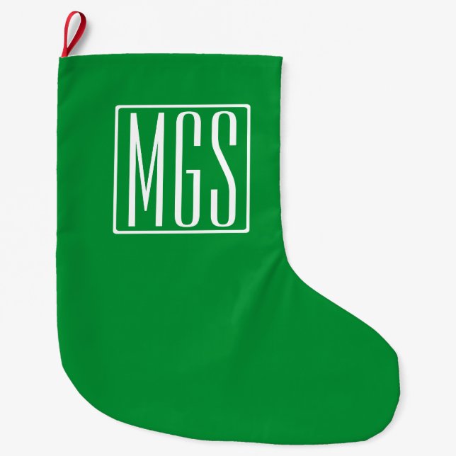 Grande Chaussette De Noël 3 Initiales Monogramme | Vert et blanc (Devant)