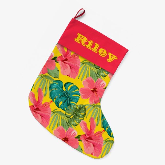 Grande Chaussette De Noël Ananas et Hibiscus en noir (Devant (Accrochage))