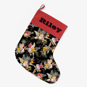 Grande Chaussette De Noël Ananas Flore tropicale sur Noir