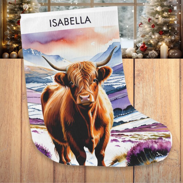 Grande Chaussette De Noël Animal d'aquarelle de la vache Highland (A personalized Christmas stocking, with picture of a Highland cow in snow with purple heather)