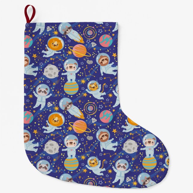 Grande Chaussette De Noël Animaux Astronautes Grande réserve de Noël (Devant)