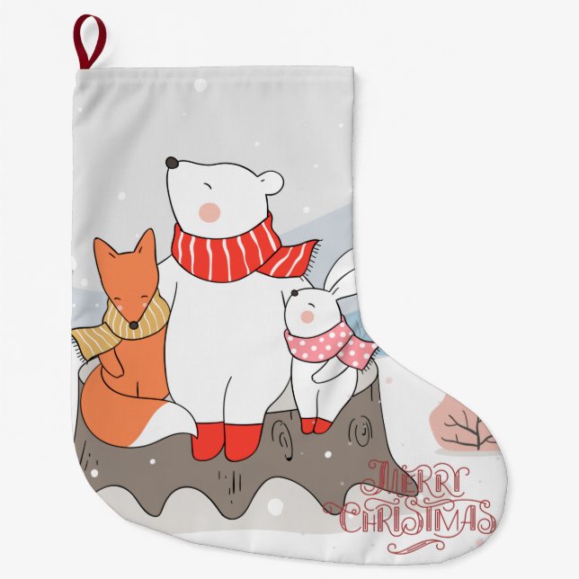 Grande Chaussette De Noël Animaux forestiers adorables (Devant)