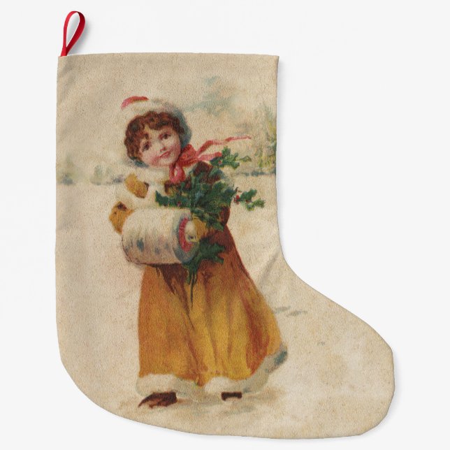 Grande Chaussette De Noël Antique Fille de Noël Enfant d'hiver (Devant)