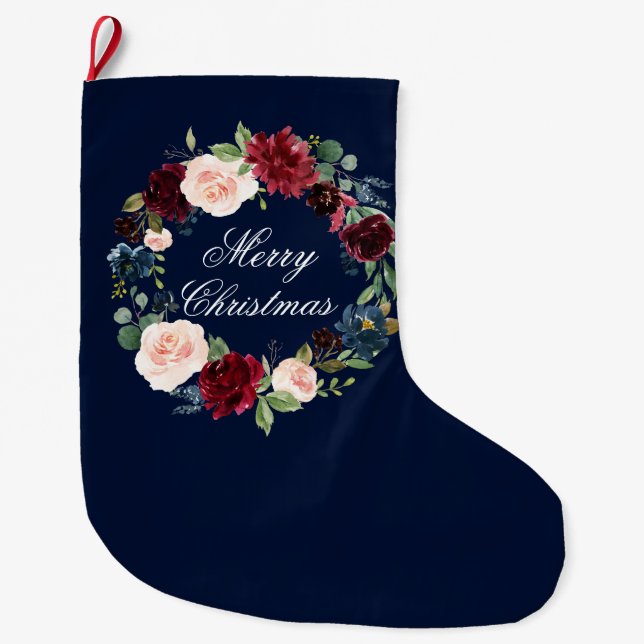 Grande Chaussette De Noël Aquarelle Florale bleu (Devant)