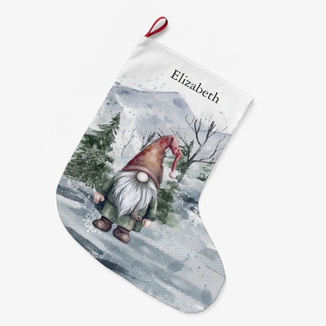 Grande Chaussette De Noël Aquarelle Gnome personnalisé (Devant (Accrochage))