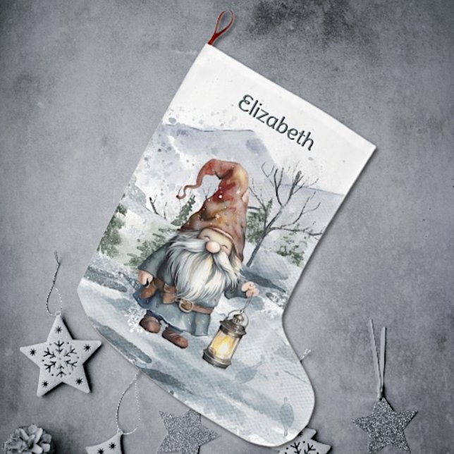 Grande Chaussette De Noël Aquarelle hiver Gnome de Noël personnalisé (Watercolor Winter Christmas Gnome Stocking)