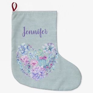 Grande Chaussette De Noël Aquarelle personnalisée Succulents Coeur