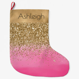 Grande Chaussette De Noël Aquarelle rose de filles Parties scintillant doré
