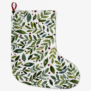 Grande Chaussette De Noël Aquarelle verte branches saisonnières et baies