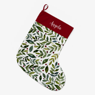 Grande Chaussette De Noël Aquarelle verte branches saisonnières et baies