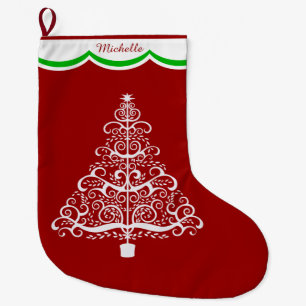 Grande Chaussette De Noël Arbre de Noël blanc sur rouge Personnalisé