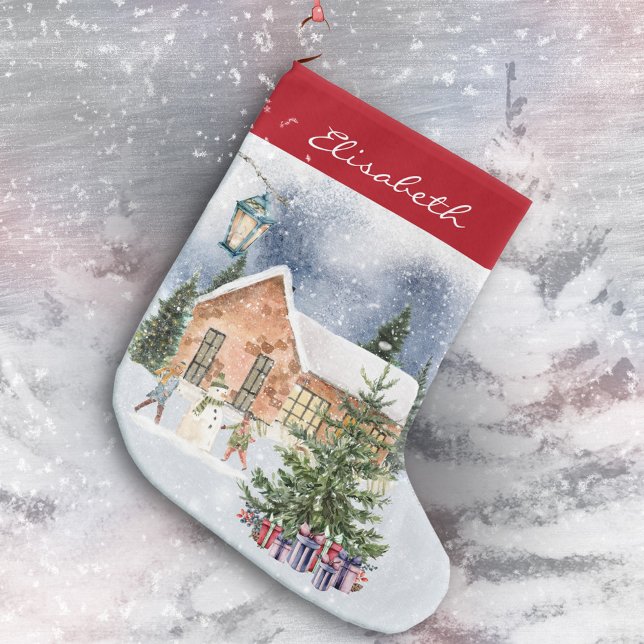 Grande Chaussette De Noël Arbre de Noël Snowman Cadeaux Enfants Scène d'hive (Christmas Tree Snowman Children Gifts Winter Scene Large Stocking ©Susanne Sachers - Sunny Mind)