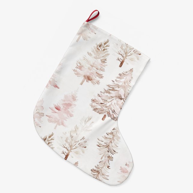 Grande Chaussette De Noël Arbres de Noël blanc rose pâle (Devant (Accrochage))