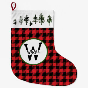 Grande Chaussette De Noël Arbres Persistants Et Motif à Damier