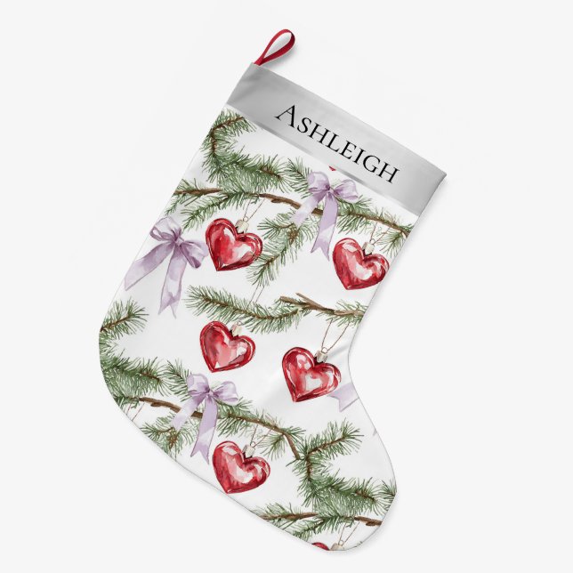 Grande Chaussette De Noël Argent de Noël Branches Purple Bows Coeurs (Devant (Accrochage))