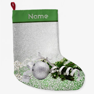 Grande Chaussette De Noël Argent Ornament Blanc Ruban de Noël Stocker