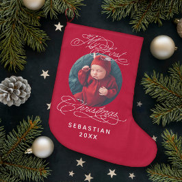 Grande Chaussette De Noël Baby My First Christmas Custom Text Photo Élégante