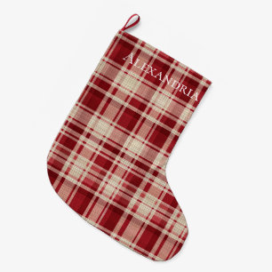 Grande Chaussette De Noël Bandes Plaid Crème Rouge