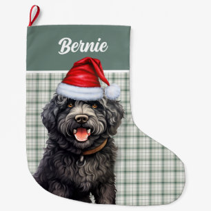 Grande Chaussette De Noël Barbet Chien vert Plaid avec nom
