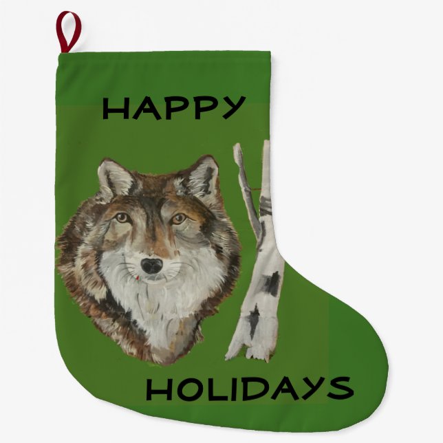 Grande Chaussette De Noël Beau loup de prédateur gris sur vert (Devant)