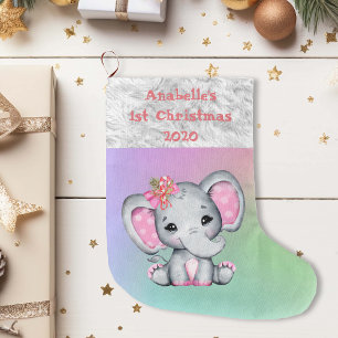 Grande Chaussette De Noël Bébé 1er éléphant rose de Noël