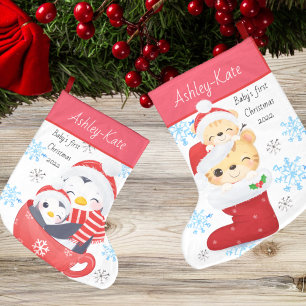 Grande Chaussette De Noël Bébés mignons Premier pingouin de Noël et chaton K