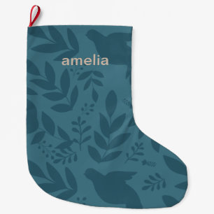Grande Chaussette De Noël Belle impression Bleue Botanique avec nom