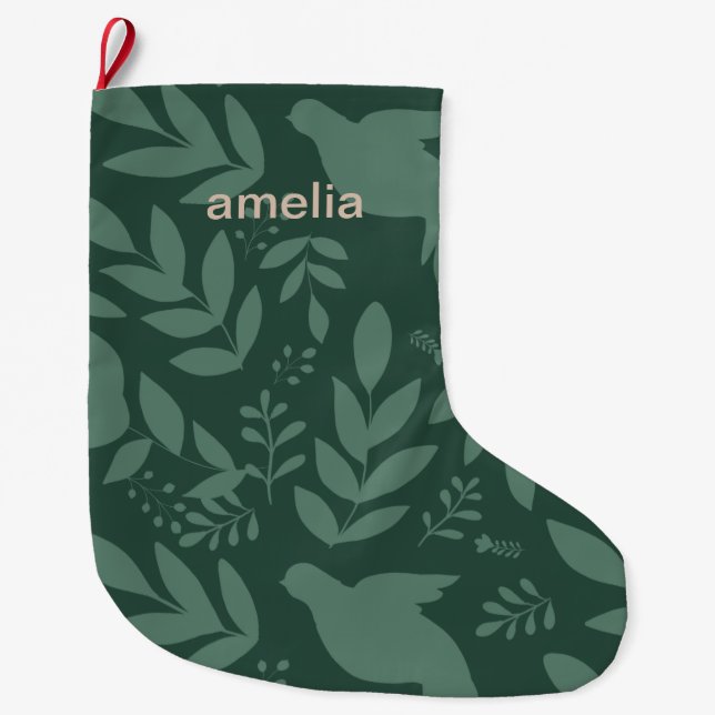 Grande Chaussette De Noël Belle impression botanique verte avec nom (Devant)