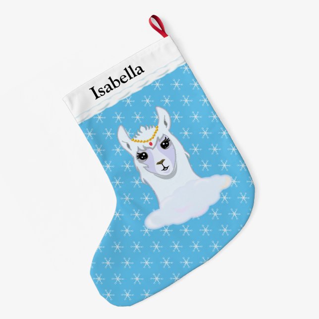 Grande Chaussette De Noël Belle Llama & Snowflakes sur Turquoise (Dos (Accrochage))