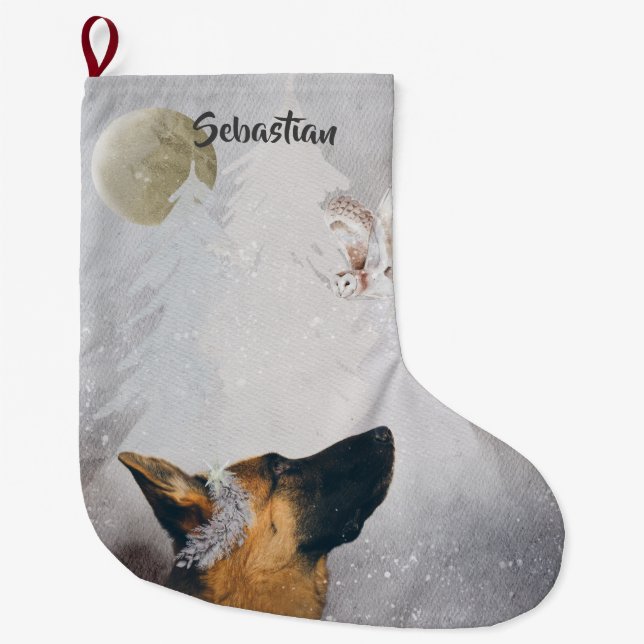 Grande Chaussette De Noël Berger allemand hiver Aquarelle vacances  (Devant)