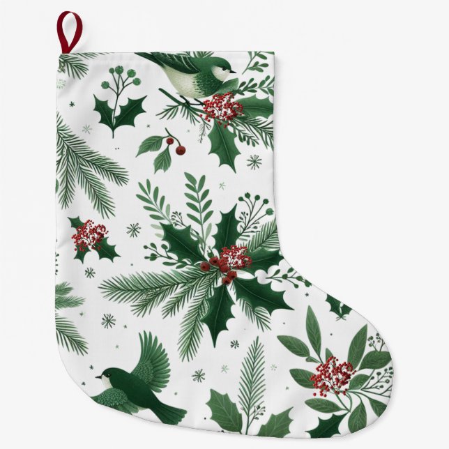 Grande Chaussette De Noël Berries et oiseaux Emerald Green (Devant)